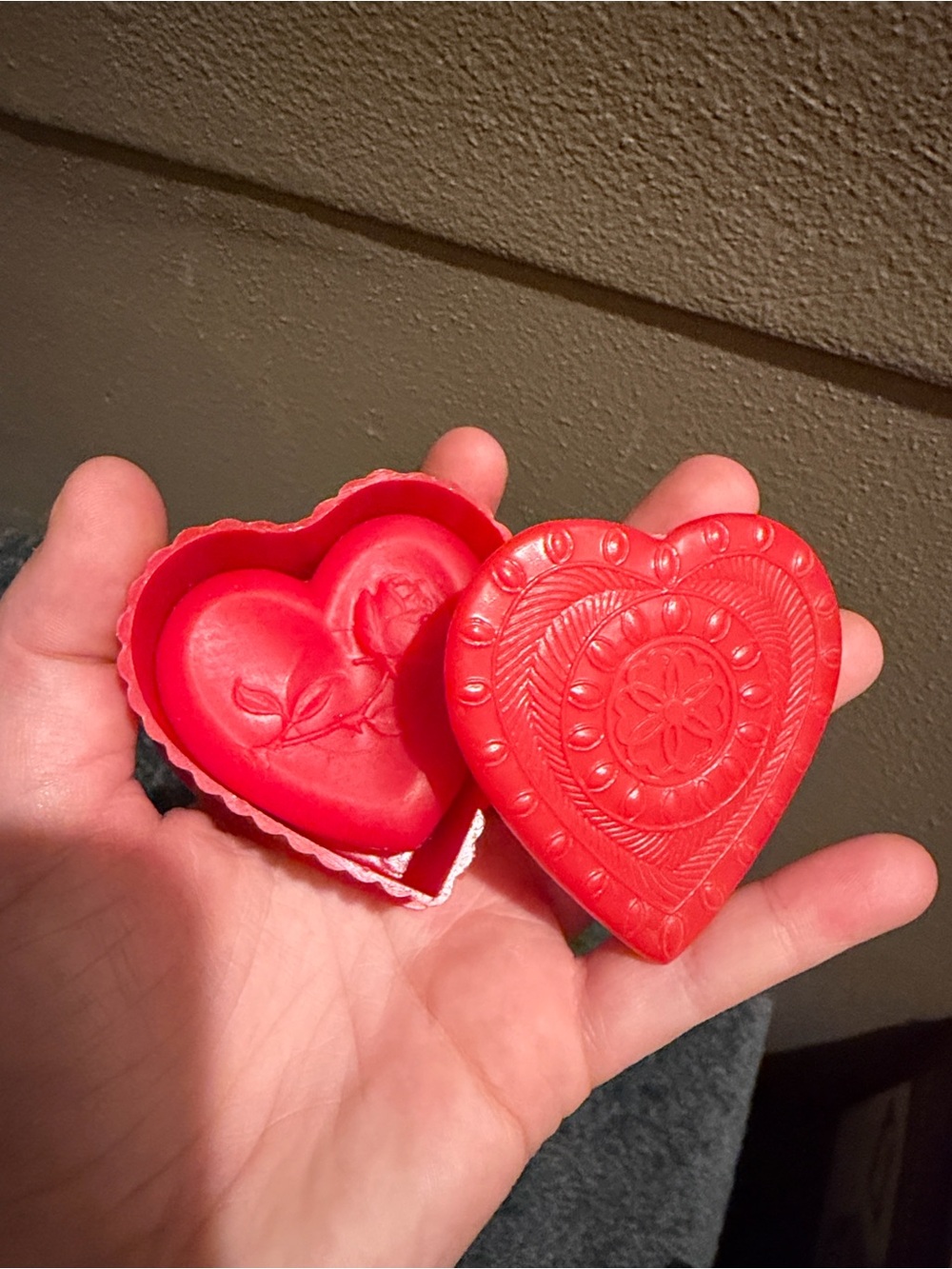 Vintage Red Heart Shaped Plastic Box w Ornate Design Hing Kong with Soap